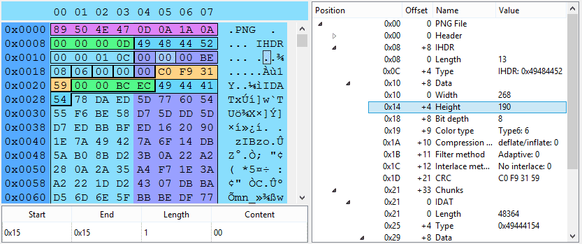 Hex editor with PNG grammar applied